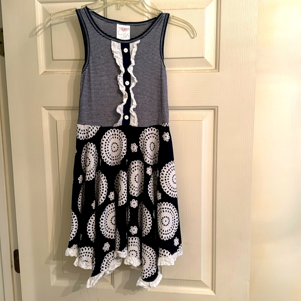 Girls Navy & White knit dress with white eyelet trim-Sz 7